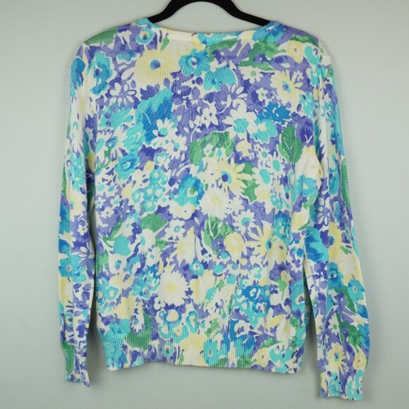 LL Bean‎ Floral Cardigan Sweater Pastel Blue Purple Yellow Green Size Medium - Picture 8 of 8